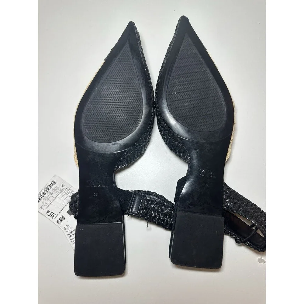 ZARA‎ Woven Rafia Pointed Toe Black Tan Slingback Flat Sandal Women US 7.5 NEW - Picture 12 of 12